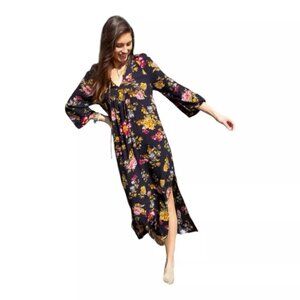 Natural Life Midi Dress Rowan Side Slit M Black Tie V-Neck Rayon Textured